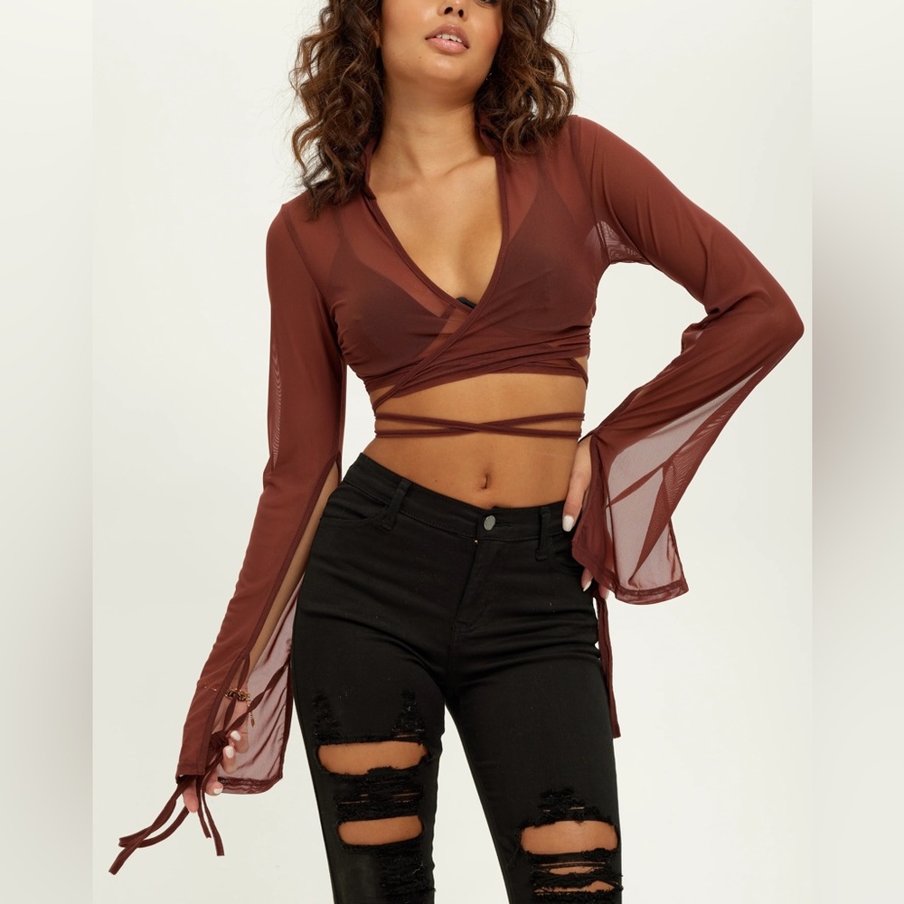 Brown Mesh Tie Wrap Long Sleeve Crop Top